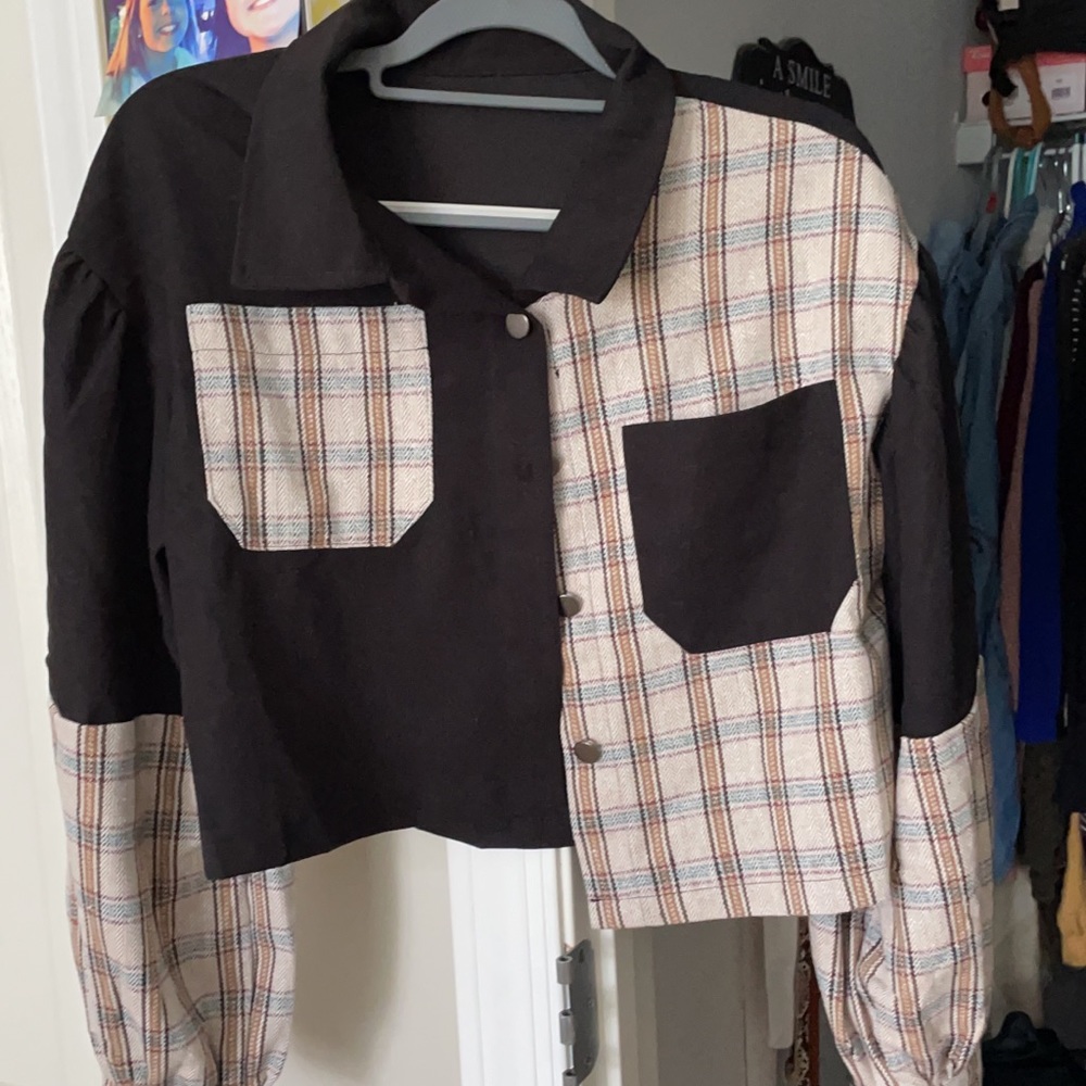 black cropped half plaid button up jacket